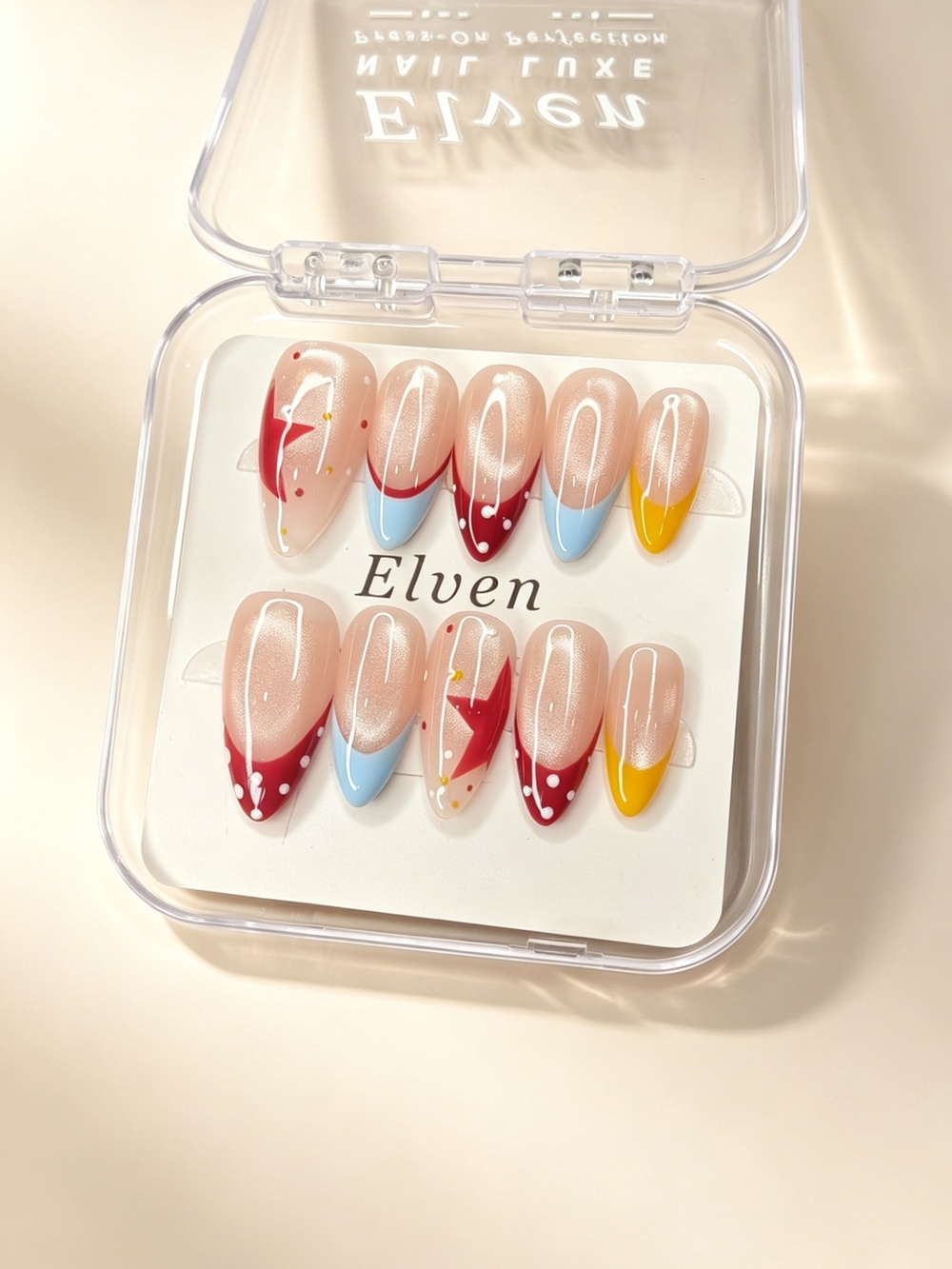 Nude Cat Eye French Tip Press On Nails With Stars And Polka Dots Medium Almond